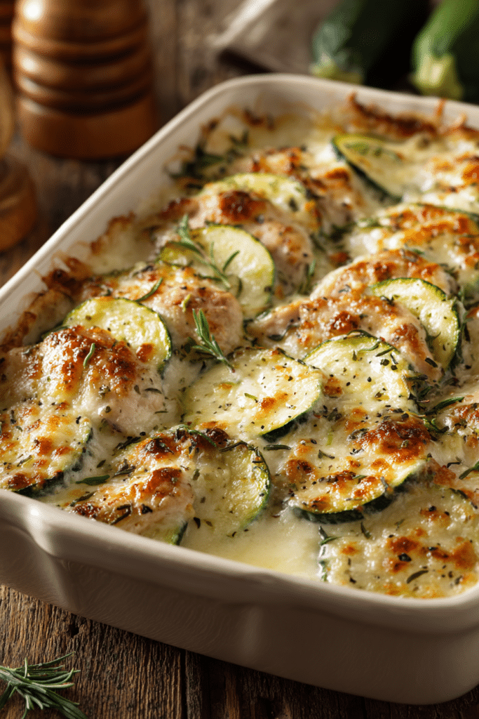 Close-up of Easy Chicken Zucchini Bake in a rectangular casserole dish with layers of tender chicken breast, baked zucchini slices, and a golden browned melted cheese topping under warm natural light on a rustic wooden surface.