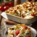 Close-up of creamy chicken and vegetable penne pasta bake with melted mozzarella and parmesan cheese, cherry tomatoes, spinach, and basil in a rustic rectangular baking dish and a white plate scoop.