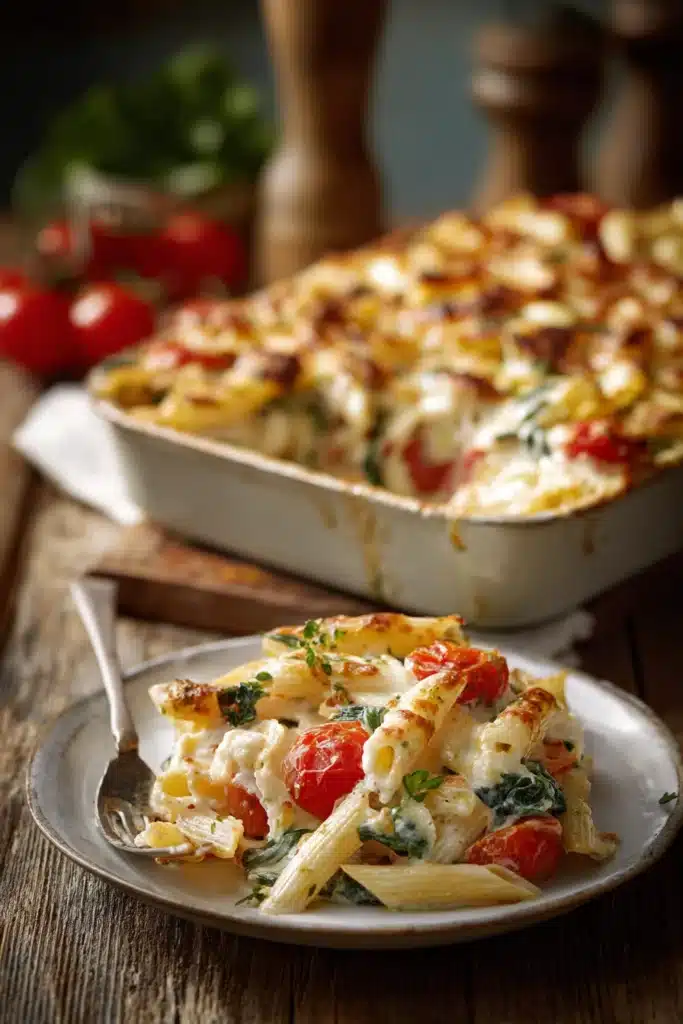 Close-up of creamy chicken and vegetable penne pasta bake with melted mozzarella and parmesan cheese, cherry tomatoes, spinach, and basil in a rustic rectangular baking dish and a white plate scoop.
