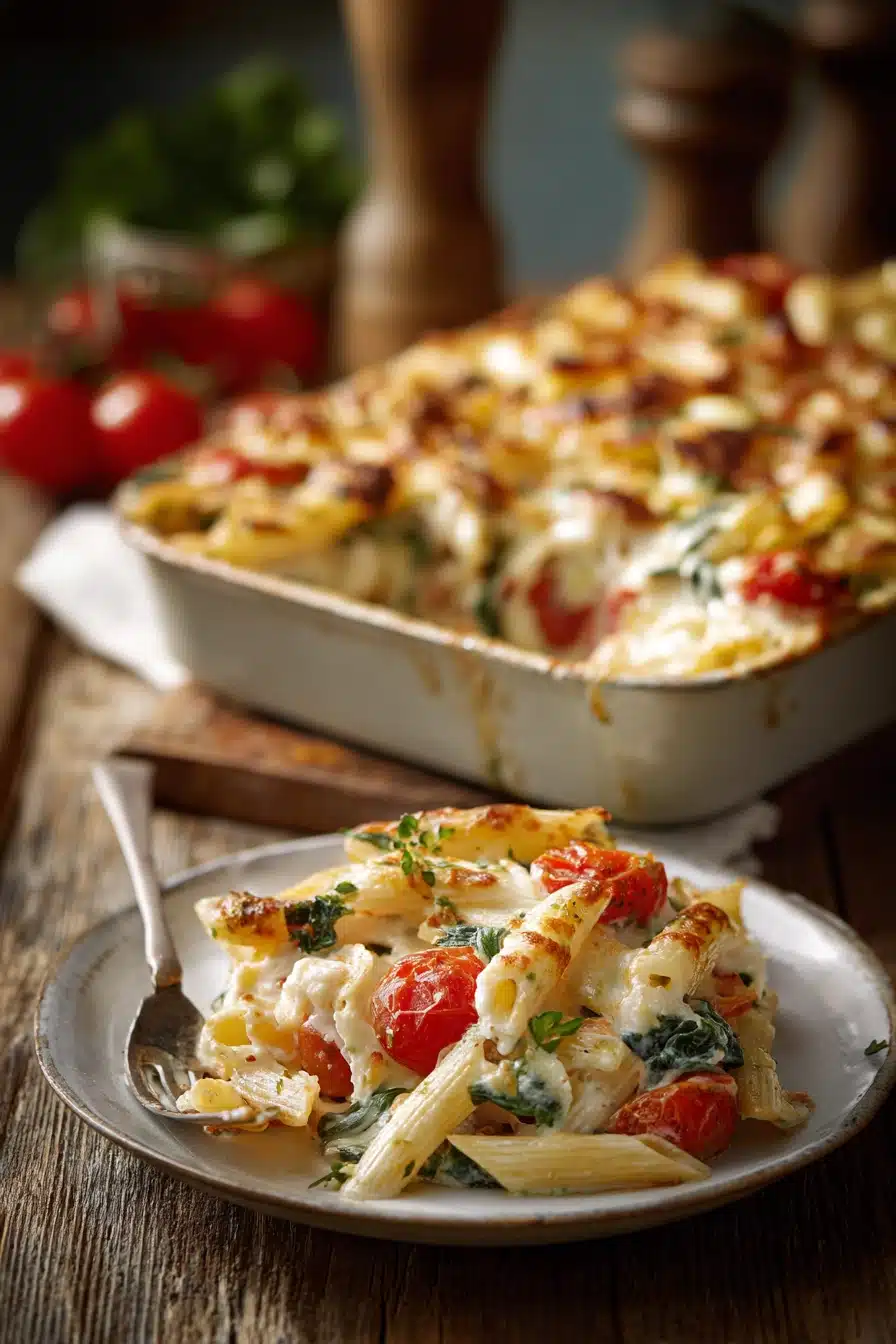 Close-up of creamy chicken and vegetable penne pasta bake with melted mozzarella and parmesan cheese, cherry tomatoes, spinach, and basil in a rustic rectangular baking dish and a white plate scoop.