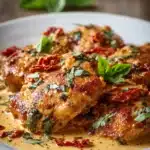 Close-up of pan-seared chicken thighs on a white plate covered with creamy sun-dried tomato sauce, garnished with fresh basil leaves, rustic background