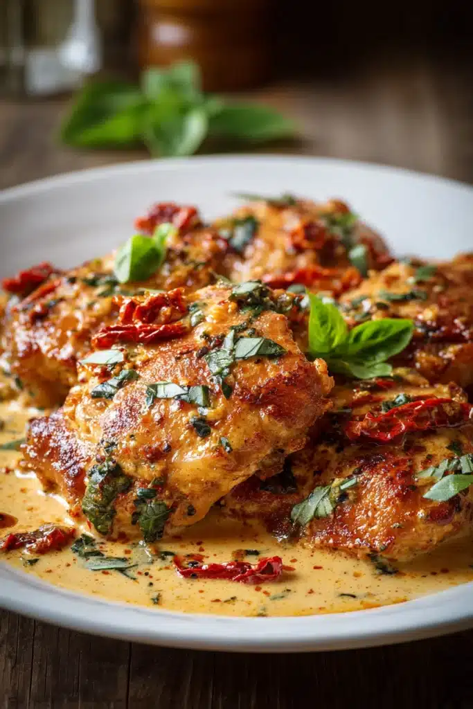 Close-up of pan-seared chicken thighs on a white plate covered with creamy sun-dried tomato sauce, garnished with fresh basil leaves, rustic background