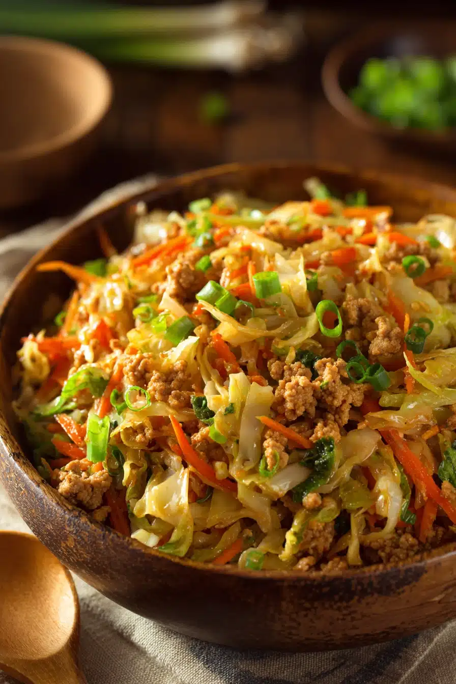 Close-up of Egg Roll in a Bowl with sautéed ground pork, shredded cabbage, carrots, and green onions in a shallow rustic bowl under warm natural light