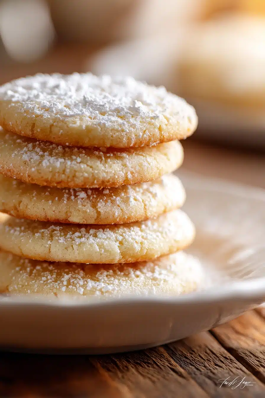 Close-up of soft and chewy sugar cookies with vanilla sugar glaze and powdered sugar stacked on a white ceramic plate with warm natural lighting