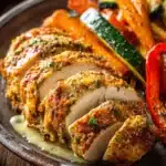 Close-up of oven-roasted herb-crusted chicken breast sliced and fanned on a rustic plate with roasted carrots, zucchini, and red bell pepper, drizzled with garlic herb butter sauce under warm natural lighting