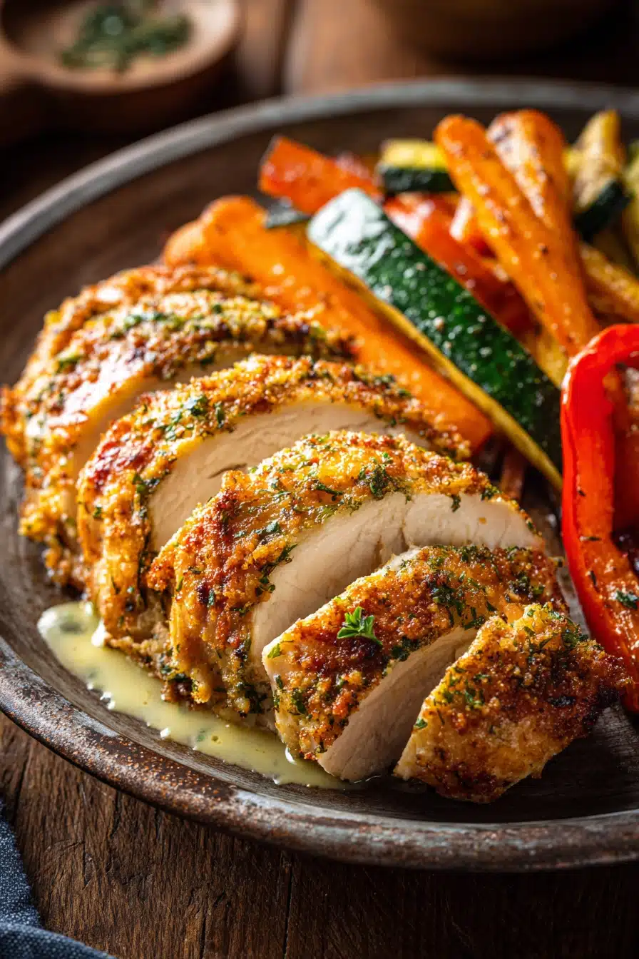 Close-up of oven-roasted herb-crusted chicken breast sliced and fanned on a rustic plate with roasted carrots, zucchini, and red bell pepper, drizzled with garlic herb butter sauce under warm natural lighting