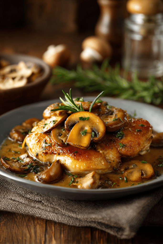Close-up of garlic mushroom chicken with sautéed mushrooms on rustic wooden surface, warm natural lighting emphasizing texture and color.