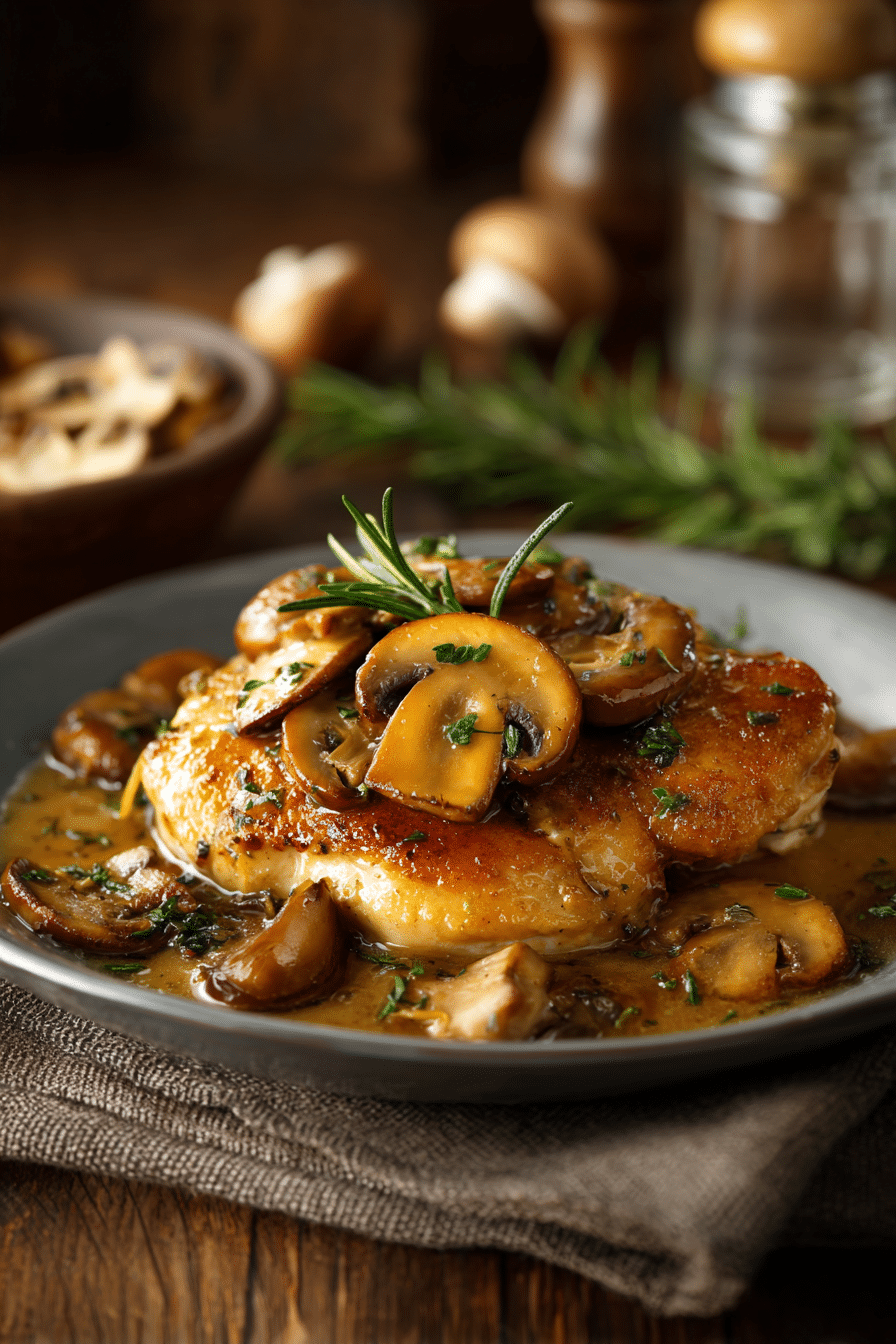 Close-up of garlic mushroom chicken with sautéed mushrooms on rustic wooden surface, warm natural lighting emphasizing texture and color.