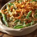 Rustic homestyle green bean casserole in an oval dish with creamy mushroom sauce and crispy French fried onions on top, set on a wooden surface.