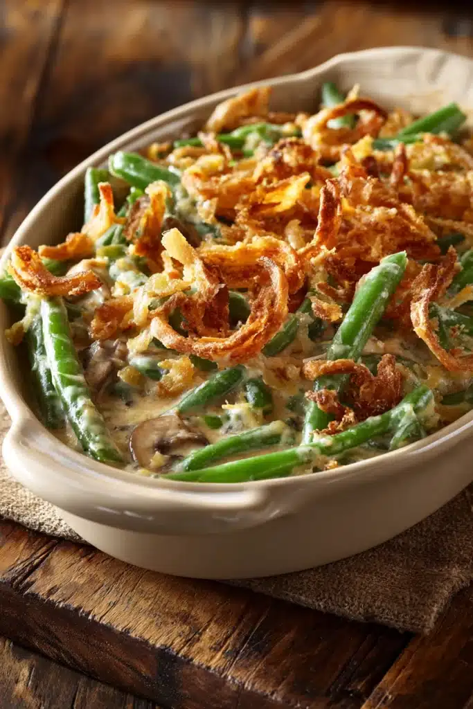 Rustic homestyle green bean casserole in an oval dish with creamy mushroom sauce and crispy French fried onions on top, set on a wooden surface.