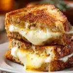 Close-up image of a grilled mozzarella sandwich with crispy golden brown crust and melted mozzarella cheese oozing from the edges, served diagonally cut on a white plate with a light butter sheen.