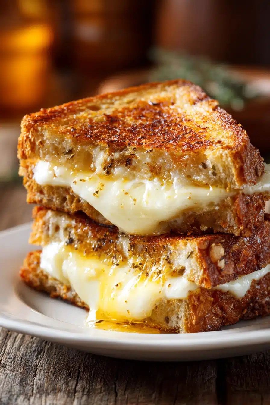 Close-up image of a grilled mozzarella sandwich with crispy golden brown crust and melted mozzarella cheese oozing from the edges, served diagonally cut on a white plate with a light butter sheen.