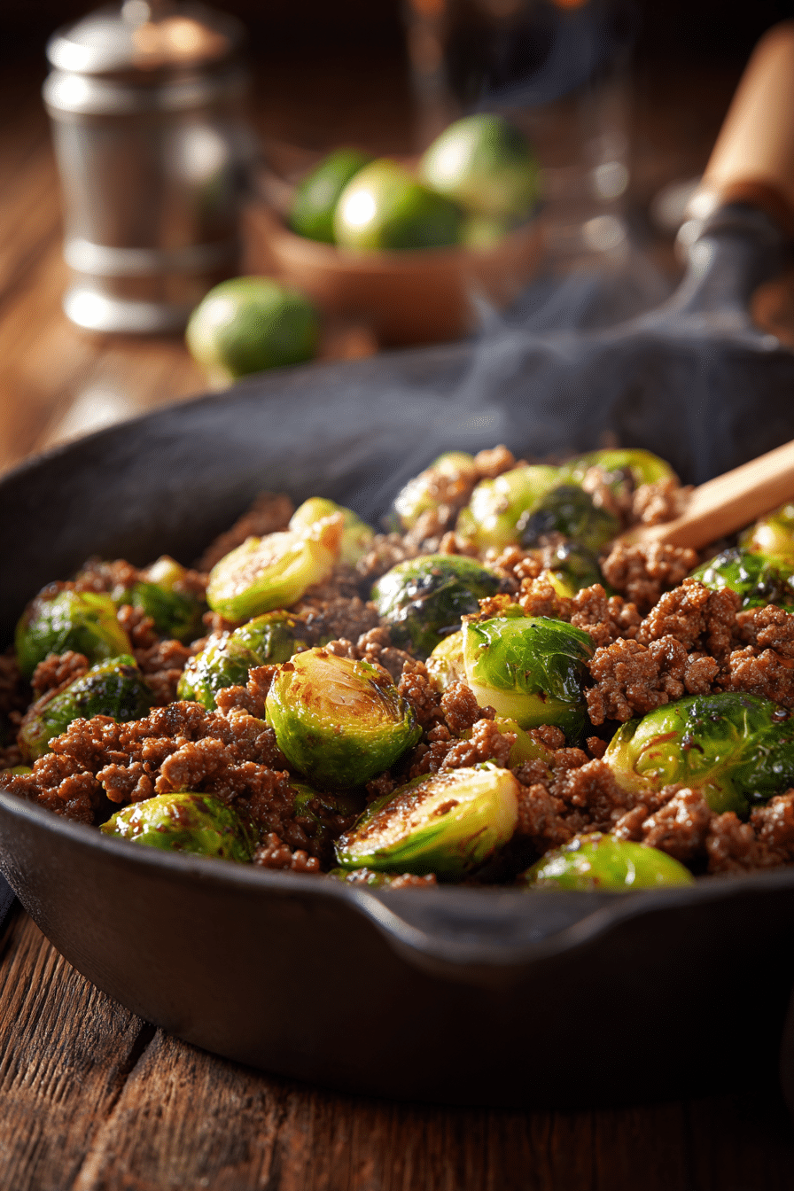 Close-up of a rustic skillet with cooked ground beef and golden brown Brussels sprouts on a wooden surface with warm natural lighting