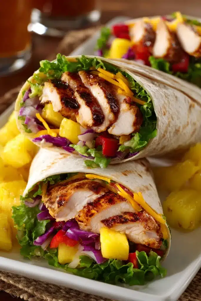 Close-up of Hawaiian BBQ Chicken Wraps cut diagonally showing layers of grilled chicken, cheddar cheese, pineapple chunks, lettuce, red onion, and bell pepper on a white rectangular plate with extra pineapple chunks.