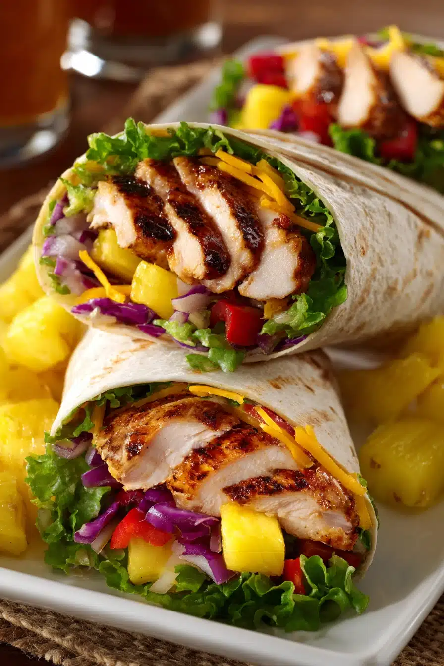 Close-up of Hawaiian BBQ Chicken Wraps cut diagonally showing layers of grilled chicken, cheddar cheese, pineapple chunks, lettuce, red onion, and bell pepper on a white rectangular plate with extra pineapple chunks.