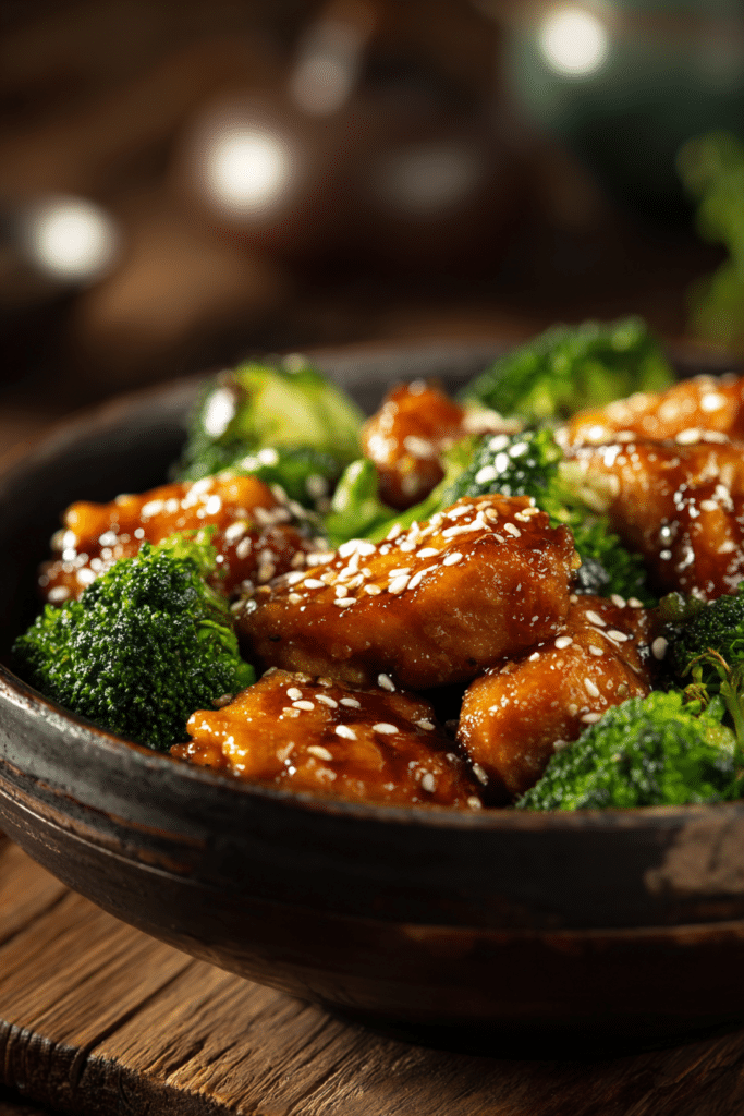 Close-up of healthy sesame chicken and bright green broccoli coated in glossy sesame sauce on a rustic wooden surface with warm natural light