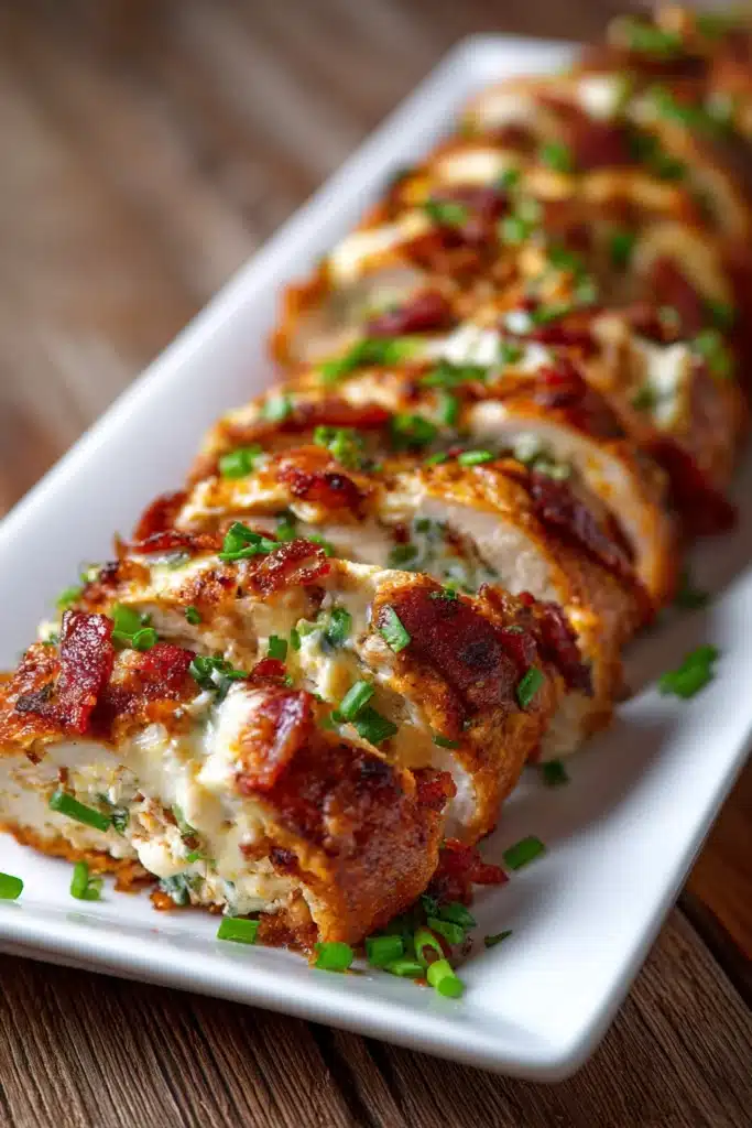 Close-up of homemade chicken bake sliced diagonally, showing golden crust, melted mozzarella cheese, crispy bacon bits, and diced green onions on a white rectangular plate