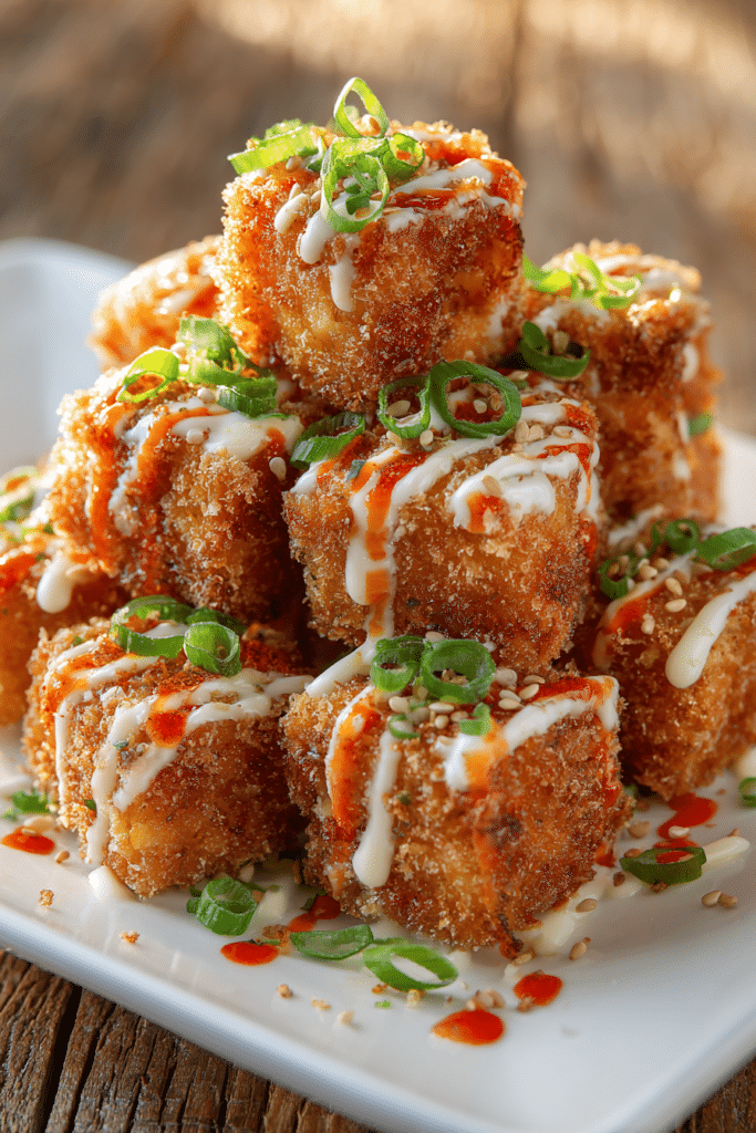 Close-up of golden crispy deep-fried salmon bites coated with creamy bang bang sauce, garnished with chopped green onions and sesame seeds on a white rectangular plate