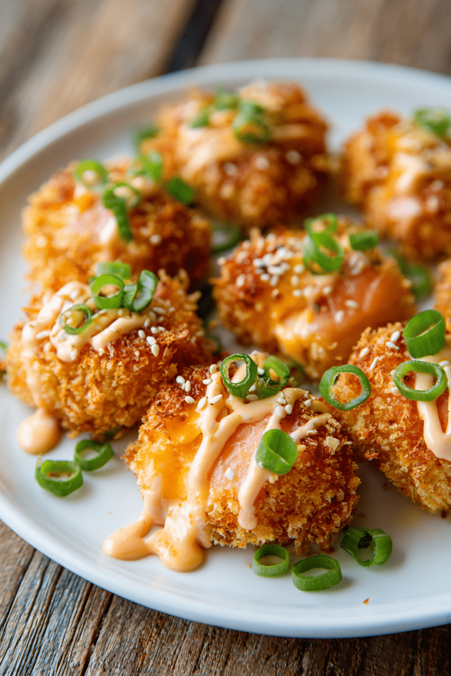 Close-up of crispy bang bang salmon bites with golden panko crust and orange-pink salmon, drizzled with creamy spicy mayo and sweet chili sauce, garnished with sliced green onions and sesame seeds on a white plate