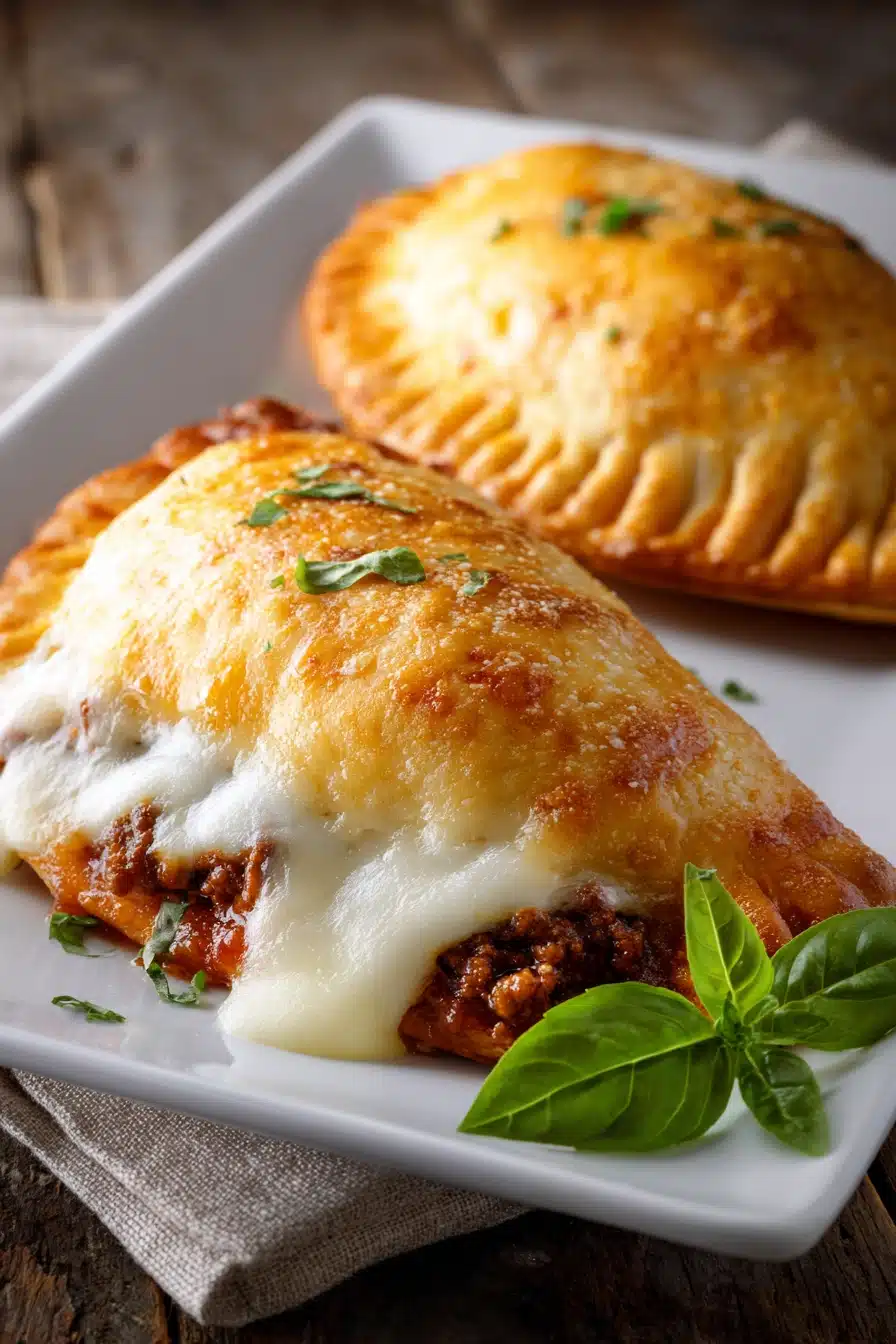 Close-up of two golden brown homemade hot pockets filled with ground beef, tomato sauce, and melted mozzarella cheese, garnished with fresh basil on a white rectangular plate.