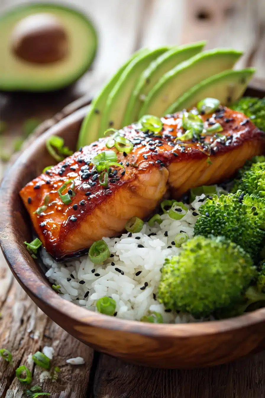 Close-up of a honey glazed pan-seared salmon fillet on a bed of jasmine rice, with steamed broccoli florets and sliced avocado, garnished with sesame seeds and chopped green onions, presented in a rustic bowl under warm natural light.