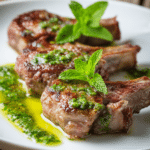 Three pan-seared lamb chops arranged in a fan shape on a white plate with a small pool of fresh bright green mint sauce and a sprig of fresh mint on top, shot in warm natural light on rustic wooden surface