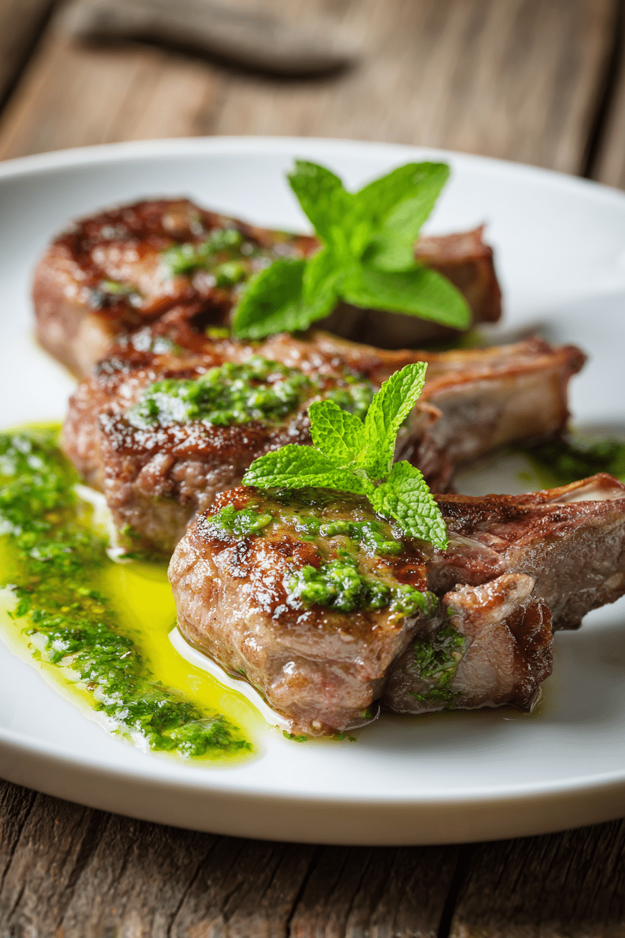 Three pan-seared lamb chops arranged in a fan shape on a white plate with a small pool of fresh bright green mint sauce and a sprig of fresh mint on top, shot in warm natural light on rustic wooden surface