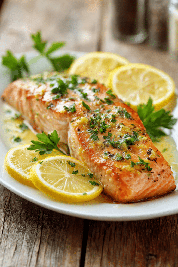 Close-up of tender lemon garlic baked salmon fillet on a white round plate, garnished with lemon slices and fresh parsley, warm natural light highlighting the glossy pink-orange salmon.