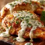 Close-up of pan-fried and oven-baked crispy chicken breast with creamy Parmesan sauce drizzled on top and chopped parsley garnish on a rustic wooden surface
