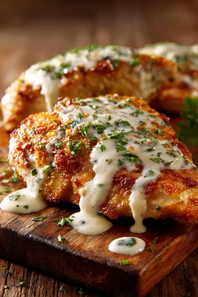 Close-up of pan-fried and oven-baked crispy chicken breast with creamy Parmesan sauce drizzled on top and chopped parsley garnish on a rustic wooden surface