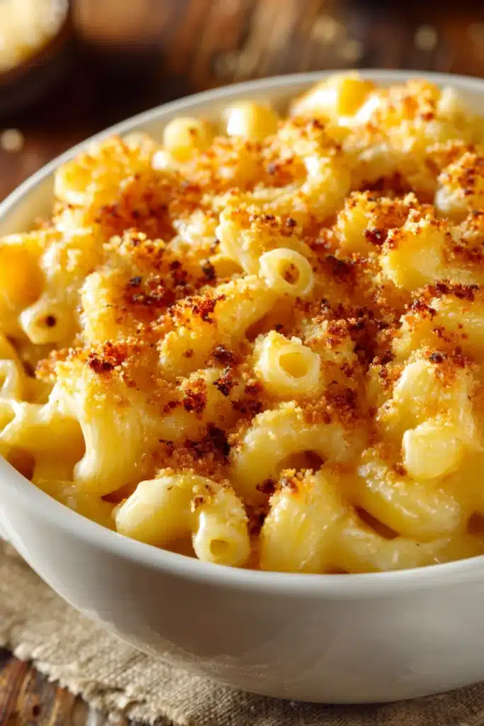 Close-up of creamy Classic Mac and Cheese in a white ceramic bowl with golden brown crispy breadcrumb topping and smooth cheddar cheese sauce on elbow macaroni