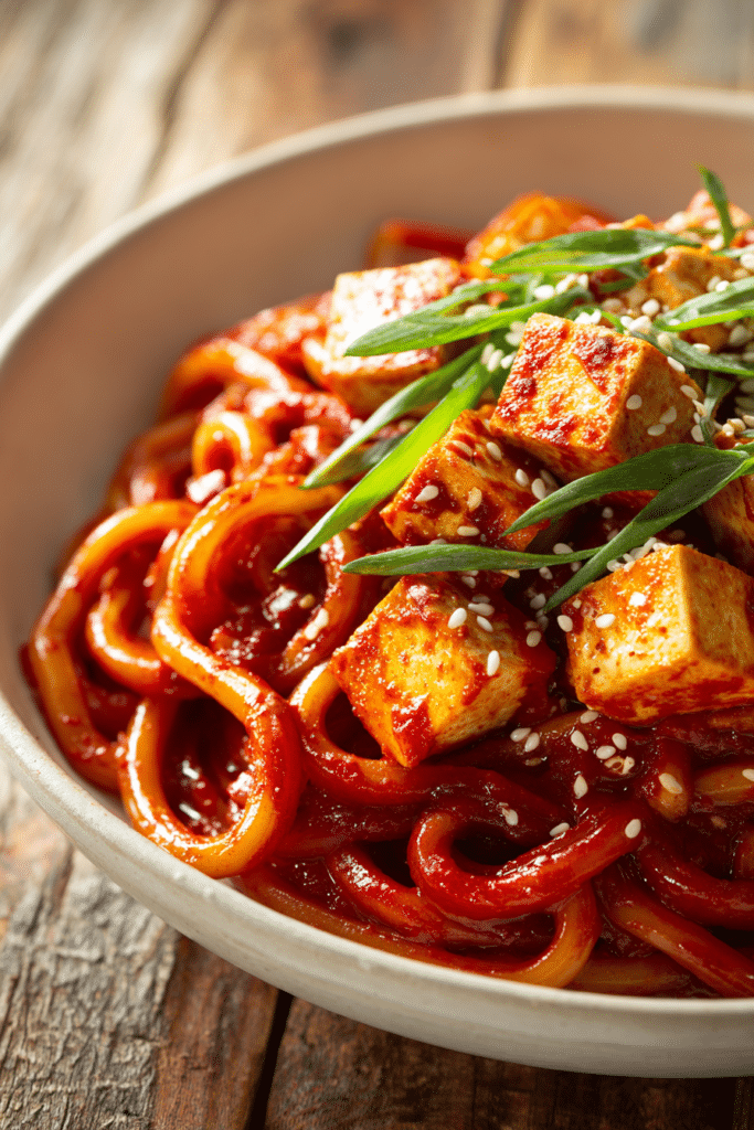Close-up image of creamy gochujang udon noodles twirled in a white bowl, topped with soft tofu cubes, sliced green onions, and sesame seeds on a rustic wooden surface in warm natural light