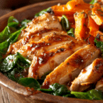 Close-up of a rustic bowl with pan-seared chicken breast slices glazed with maple Dijon, roasted sweet potatoes, and wilted baby spinach on a wooden surface with warm natural light