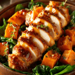 close-up of sliced pan-seared chicken breast with glossy maple Dijon glaze served over roasted sweet potato cubes and wilted baby spinach in a rustic bowl on a wooden surface
