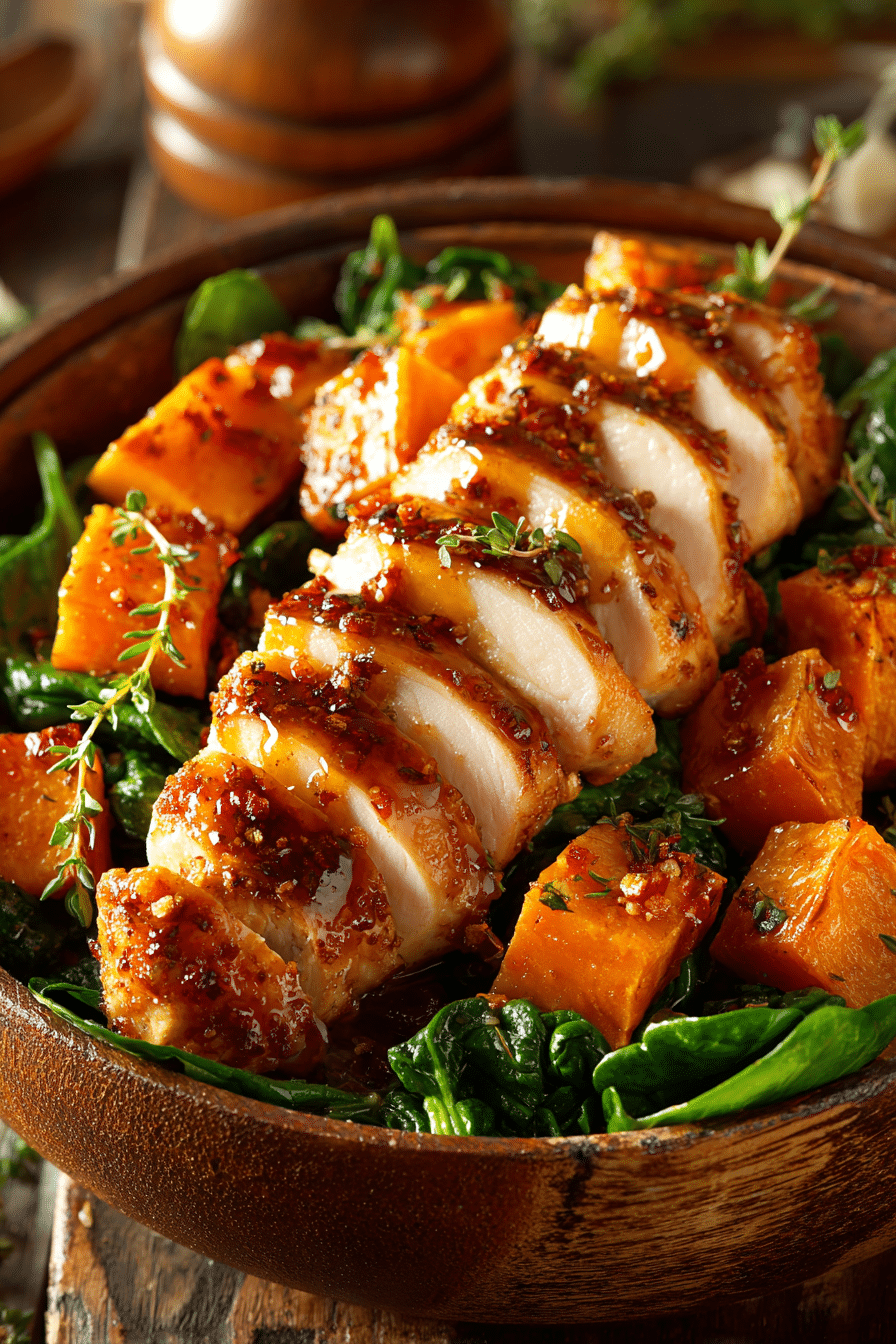 close-up of sliced pan-seared chicken breast with glossy maple Dijon glaze served over roasted sweet potato cubes and wilted baby spinach in a rustic bowl on a wooden surface