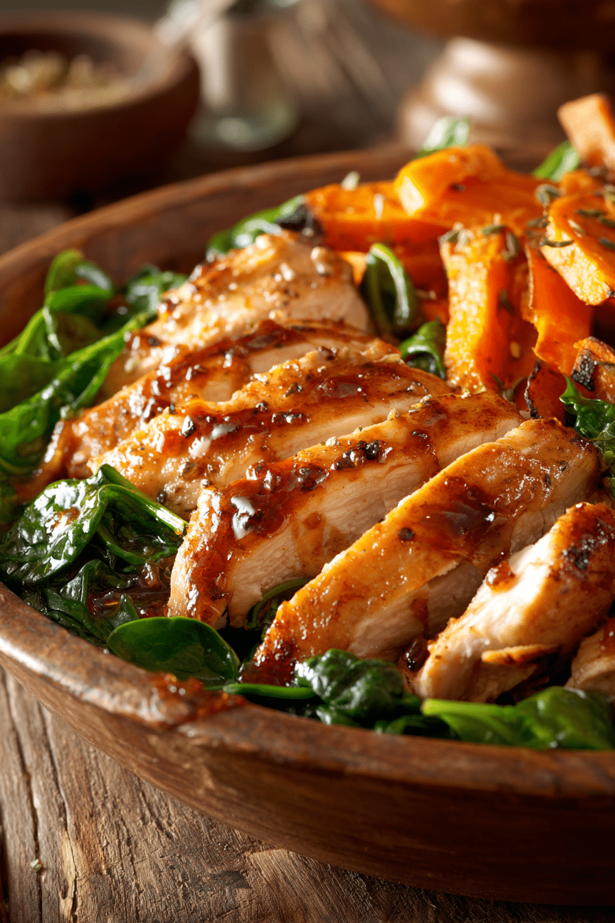 Close-up of a rustic bowl with pan-seared chicken breast slices glazed with maple Dijon, roasted sweet potatoes, and wilted baby spinach on a wooden surface with warm natural light