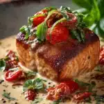 Close-up of a crispy pan-seared salmon fillet topped with creamy sun-dried tomato sauce and garnished with fresh basil leaves on a rustic wooden plate.