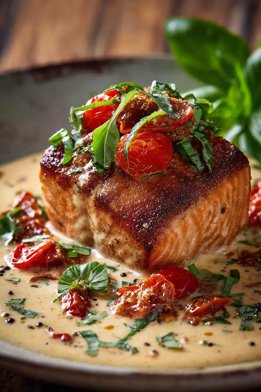 Close-up of a crispy pan-seared salmon fillet topped with creamy sun-dried tomato sauce and garnished with fresh basil leaves on a rustic wooden plate.