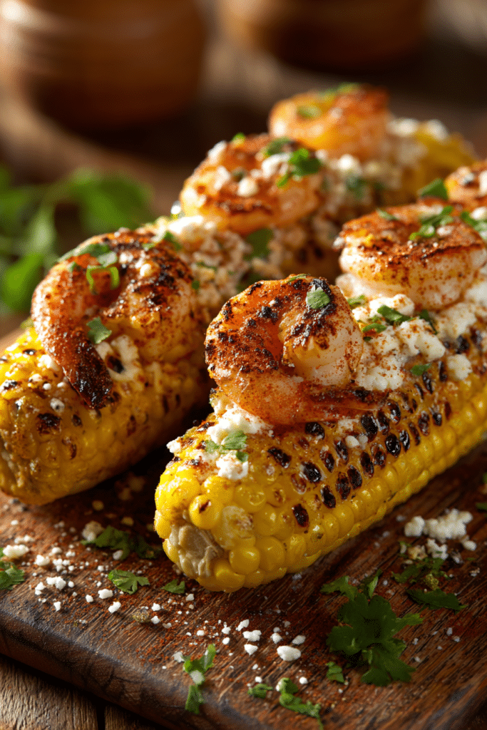 Close-up of Mexican street corn covered in creamy sauce, chili powder, and grilled shrimp, garnished with fresh cilantro on rustic wooden surface