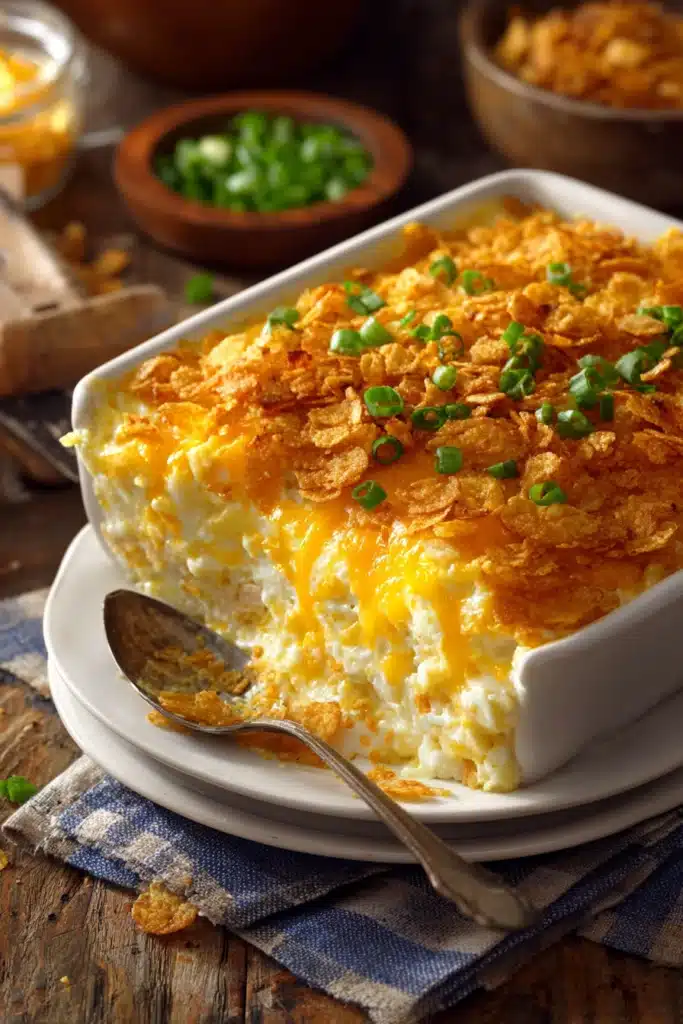 Close-up of a rustic Million Dollar Chicken Casserole in a square dish with creamy shredded chicken, melted cheddar cheese, chopped green onions, and a golden crunchy crust, served on a white plate.