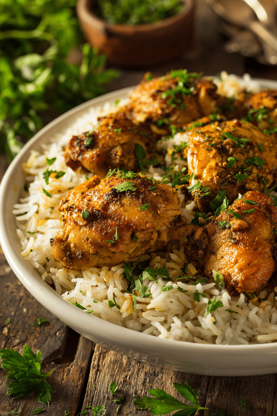 Close-up of one pot shawarma chicken and rice served in a shallow white ceramic bowl, showing tender golden chicken chunks on fluffy long grain rice with visible shawarma spices and fresh parsley garnish on rustic wooden surface