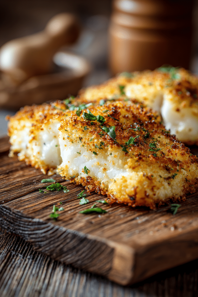 Close-up of golden Parmesan-crusted white fish fillet on rustic wooden board with warm natural lighting
