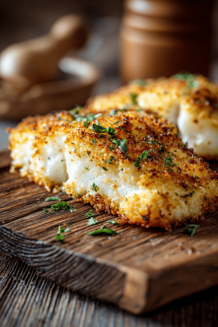 Close-up of golden Parmesan-crusted white fish fillet on rustic wooden board with warm natural lighting