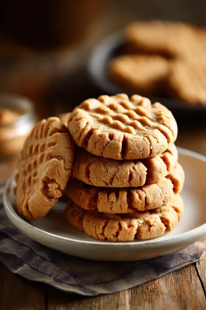Close-up of stacked peanut butter cookies with crisscross fork marks and visible peanut bits on a white ceramic plate with warm natural lighting
