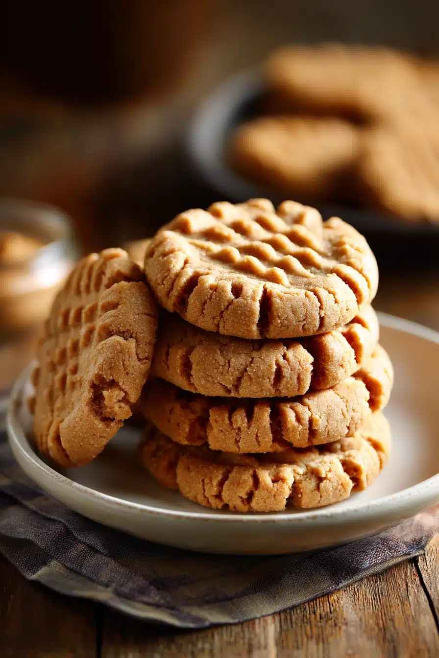 Close-up of stacked peanut butter cookies with crisscross fork marks and visible peanut bits on a white ceramic plate with warm natural lighting
