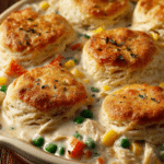 Close-up of a rustic chicken pot pie casserole in a shallow dish with golden brown biscuit topping and creamy sauce dotted with carrots, peas, and corn