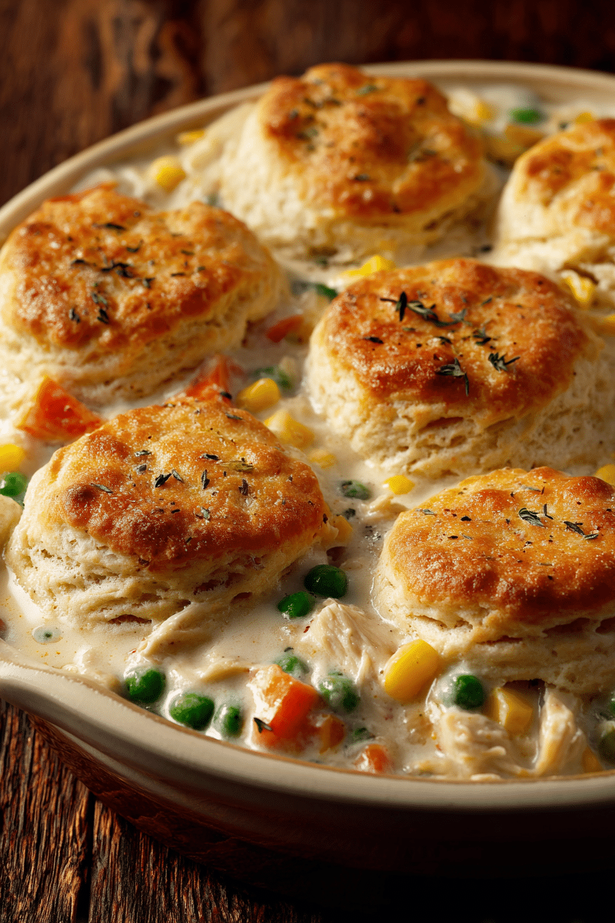 Close-up of a rustic chicken pot pie casserole in a shallow dish with golden brown biscuit topping and creamy sauce dotted with carrots, peas, and corn