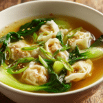 Close-up of potsticker soup featuring tender ground pork dumplings, pale green bok choy, and sliced scallions in a clear golden soy-ginger broth served in a white bowl on a rustic surface.