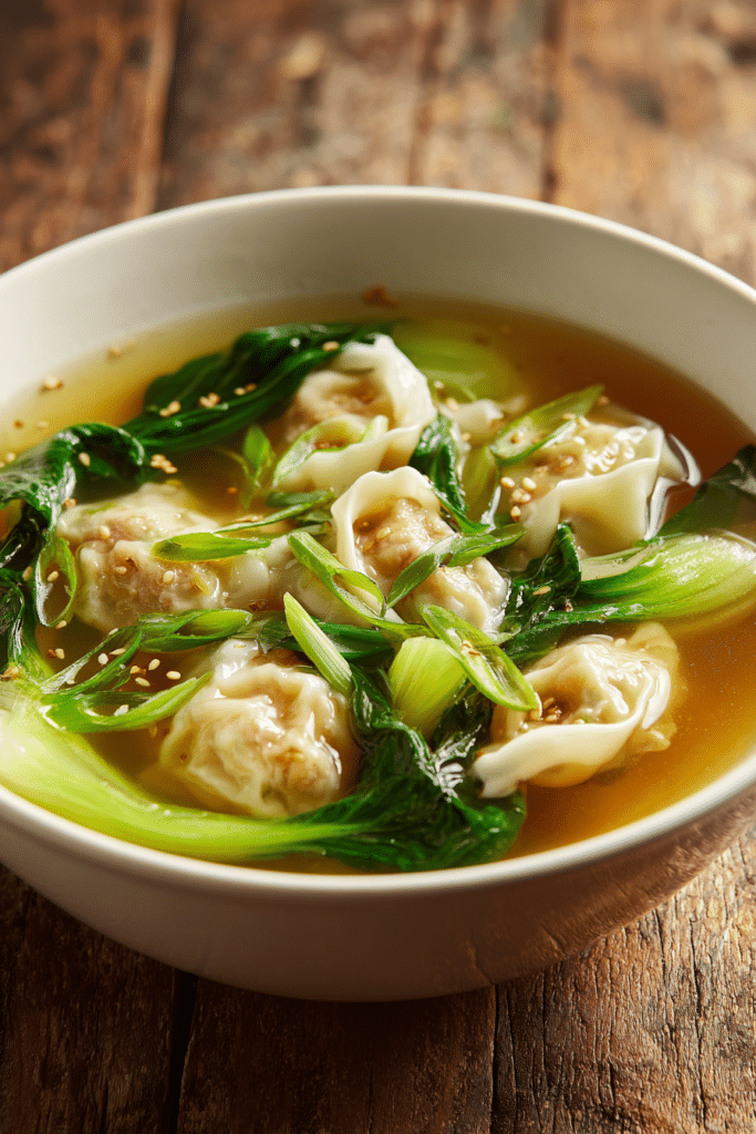 Close-up of potsticker soup featuring tender ground pork dumplings, pale green bok choy, and sliced scallions in a clear golden soy-ginger broth served in a white bowl on a rustic surface.