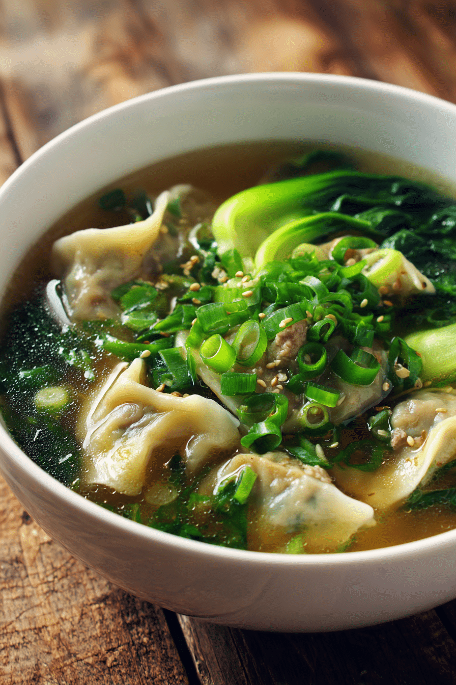 Close-up of potsticker soup in a white bowl with tender dumplings, clear golden broth, bright green baby bok choy, sliced green onions, and sesame oil drizzle on rustic surface
